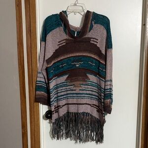 Free People Teal and Brown Hooded Sweater